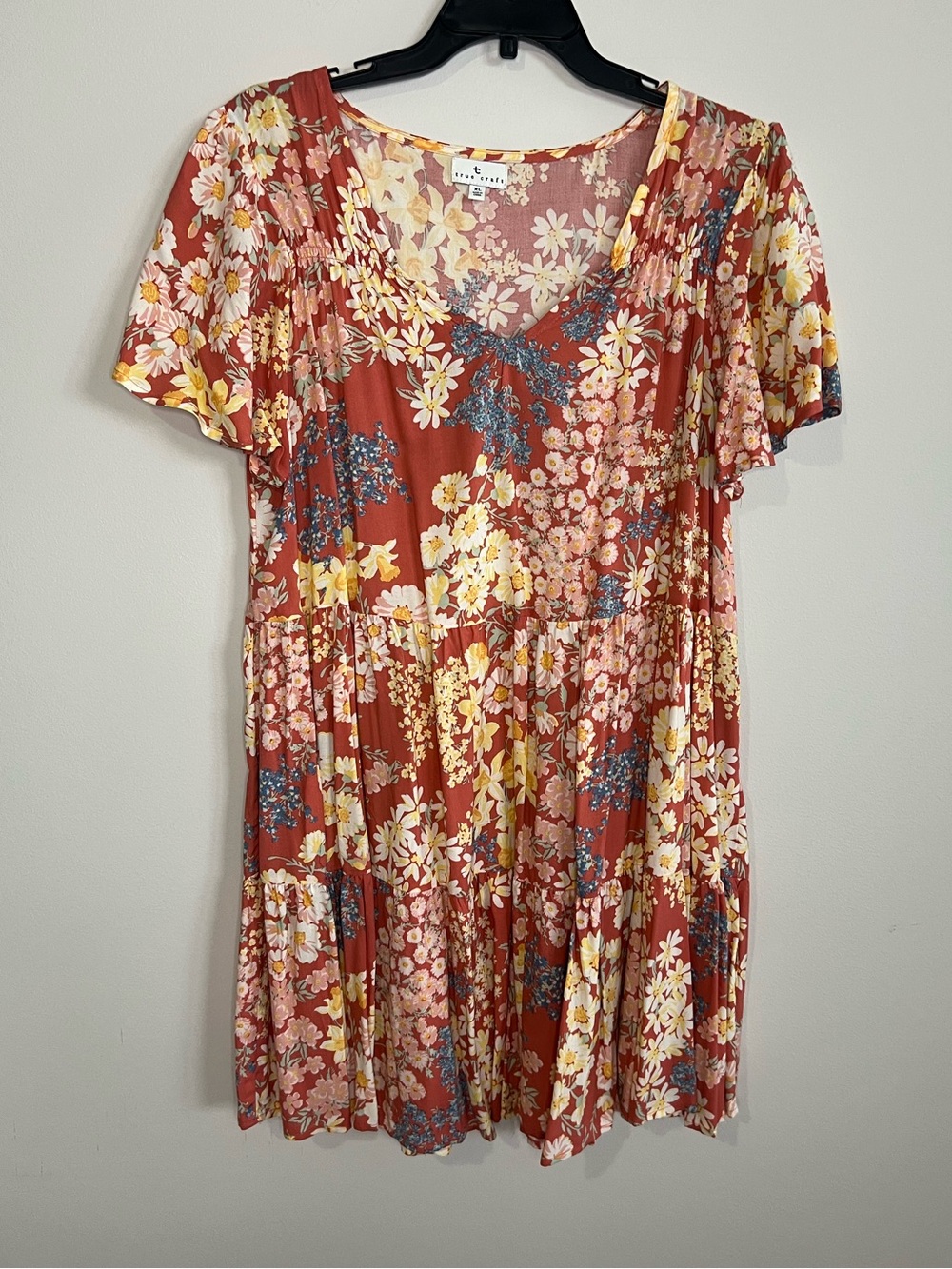 True Craft Rust Floral V-Neck Dress with Yellow and Blue Accents